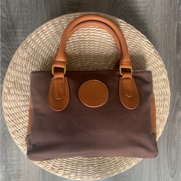 Brown canvas and camel vegan leather small tote bag - Picture 3 of 8